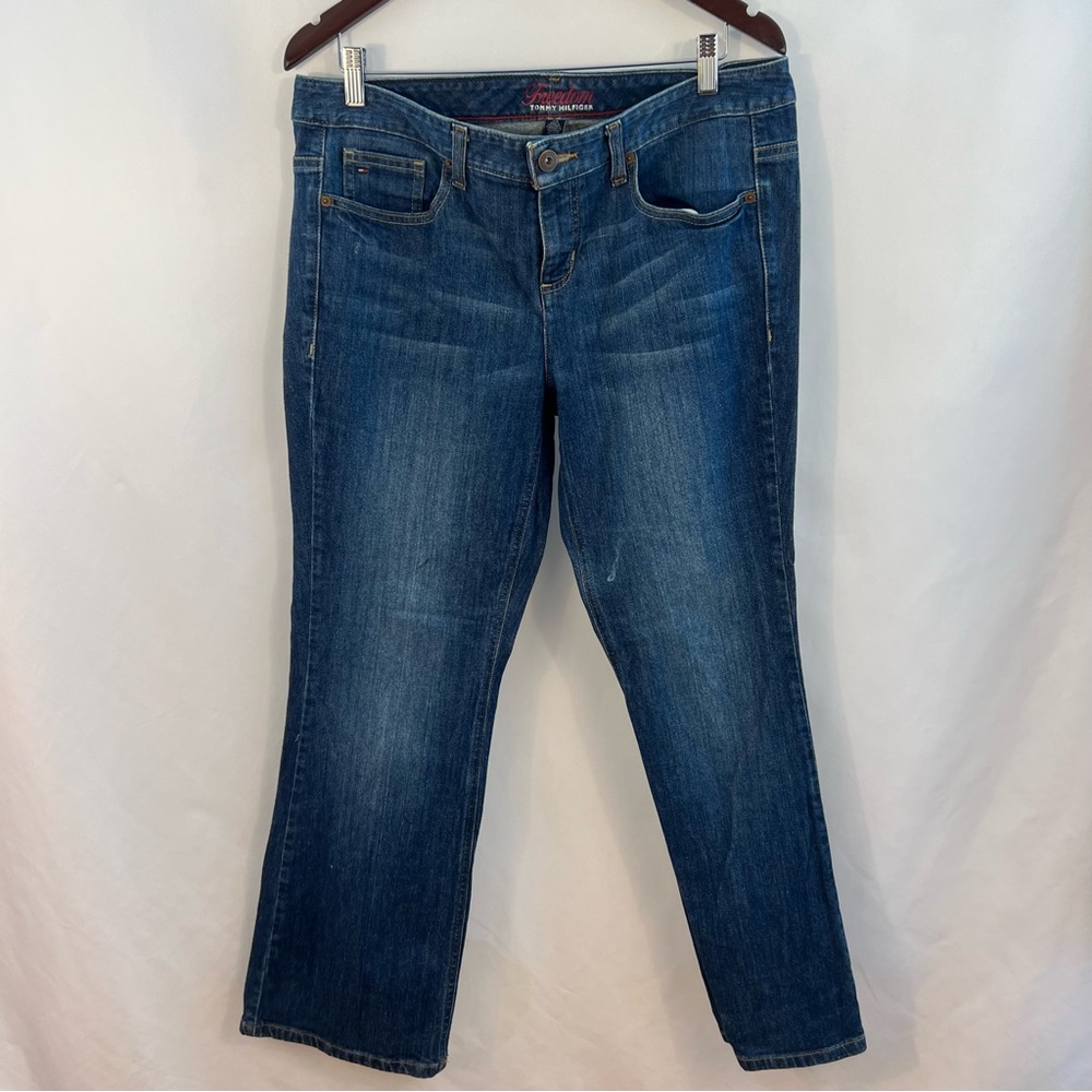 Tommy Hilfiger Freedom Jeans Dark Wash Logo Whiskered Boot Cut Denim Womens 12A